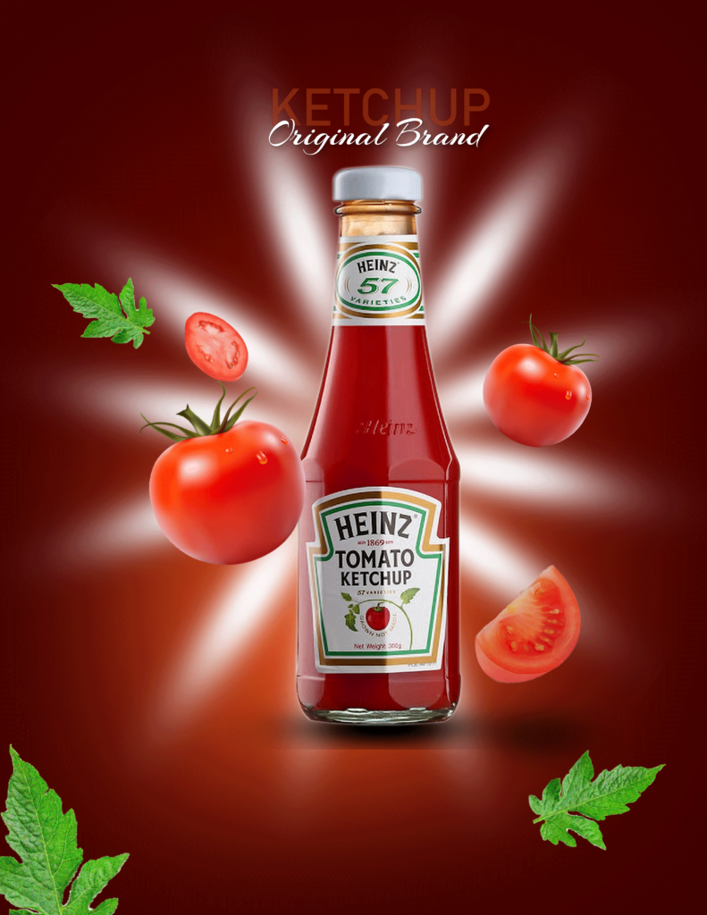 Exploration artistique du monde du ketchup à travers cette affiche créative. Les nuances vives et la disposition dynamique captivent l'essence de ce condiment. Une fusion de saveurs visuelles pour représenter l'authenticité du produit.